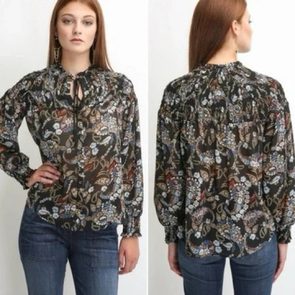 Wayf "Russell" Boho Paisley Smocked
Chiffon Blouse. Size XS - Picture 2 of 5